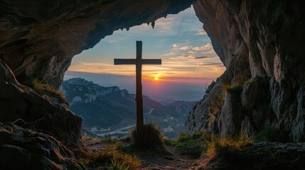 Sunset view of a wooden cross from a cave. - obrazy, fototapety, plakaty