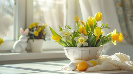 White bowl with colored easter eggs, bouquet of yellow tulips and daffodils flowers and green bunny rabbit on white kitchen table near window. Festive Ester spring card. Selective focus. Copy space.