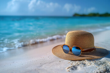Straw hat on the white sands of an ocean beach with sunglasses on a seashore 3