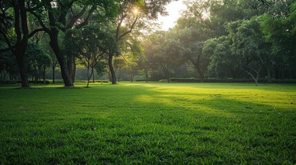 Fototapeta na wymiar Background texture of fresh green lawn of a local public park with beautiful trees in the soft morning sunlight.