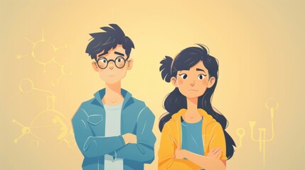 A boy and a girl stand side by side their expressions serious as they work together to complete a level on a scienceinspired video game. They use teamwork and critical thinking