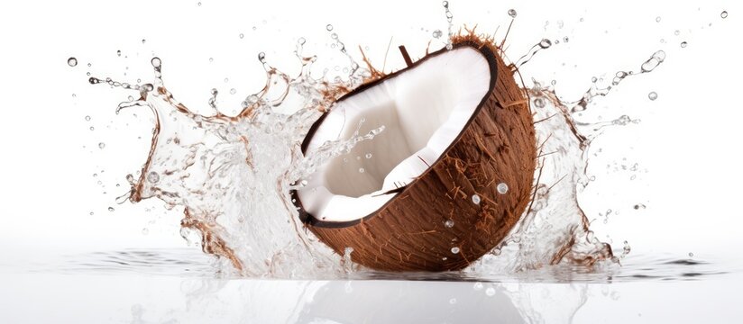 A close-up image of a coconut with fresh water splashing out of it