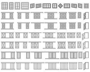 Windows and doors of outline wooden barn village house. Black white big set of gates or portals for coloring book. Vector isolated line illustrations on white background