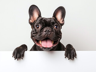 Happy white french bulldog peeking out and hanging its paw on blank poster board against white...