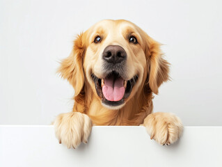 Happy golden retriever or Canis lupus familiaris peeking out and hanging its paw on blank poster...