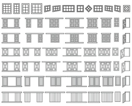 Windows and doors of outline wooden barn village house. Black white big set of gates or portals for coloring book. Vector isolated line illustrations on white background