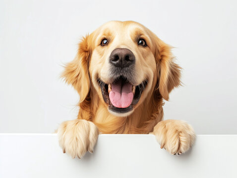 Happy golden retriever or Canis lupus familiaris peeking out and hanging its paw on blank poster board against white background. Blank copyspace for text.