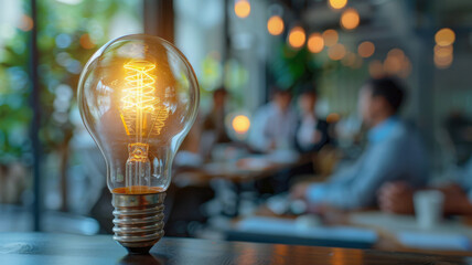 Glowing bulb amidst blurred cafe patrons evokes bright ideas and social interaction in a modern cafe, perfect for themes of inspiration, community, and innovation. Ideal for cafe-themed content. - obrazy, fototapety, plakaty