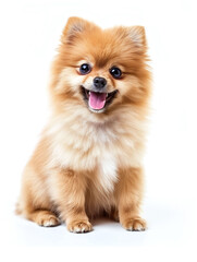 Happy Cute little pomeranian dog sitting on white background, front view shot. isolated photo.