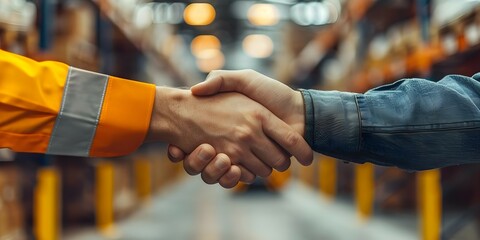 Two warehouse workers shaking hands in a logistic center discussing a business deal in a storage distribution center. Concept Logistics, Business Deal, Warehouse Workers, Storage Center, Handshake - obrazy, fototapety, plakaty