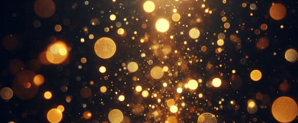 Partículas de brillo dorado fondo abstracto.Bokeh de partículas de brillo de luz dorada de Navidad sobre fondo negro marino. Concepto de vacaciones. Fondo abstracto con partículas de oro.	 - obrazy, fototapety, plakaty