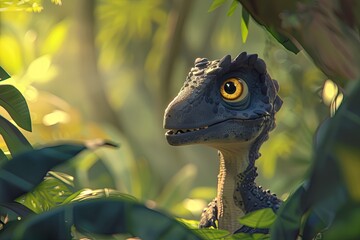Velociraptor standing in a lush prehistoric jungle in the style of 3D cute cartoon animation