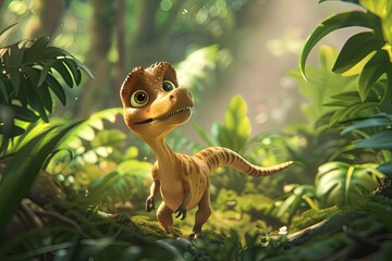 Velociraptor standing in a lush prehistoric jungle in the style of 3D cute cartoon animation