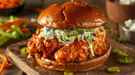 Spicy buffalo chicken sandwich with blue cheese dressing and celery slaw on a toasted brioche bun