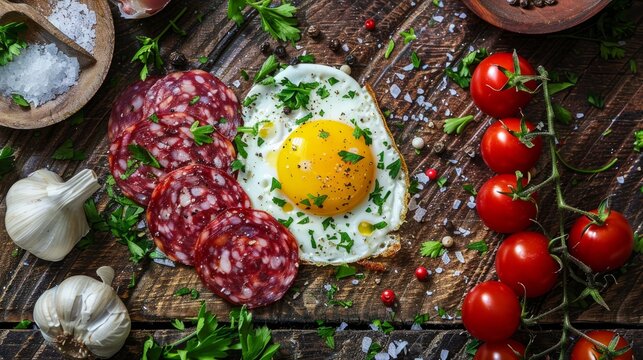 This image shows a top view of sunny side eggs cooked with salami, tomato, garlic, and herbs on a
