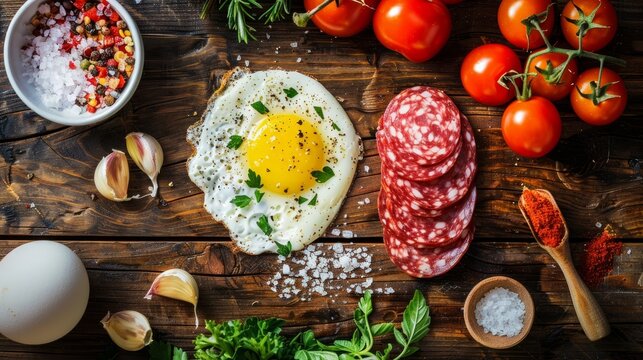 This image shows a top view of sunny side eggs cooked with salami, tomato, garlic, and herbs on a