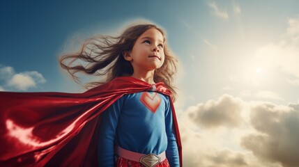 Superhero child girl with red cape and flying hair over sky background. - obrazy, fototapety, plakaty