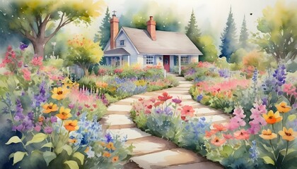 Watercolor Depiction Of A Charming Cottage Garden