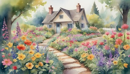 Fototapeta na wymiar Watercolor Depiction Of A Charming Cottage Garden Upscaled 3