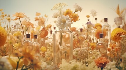 Beautiful flowers in glass bottles with filter effect retro vintage style. Boho interior.