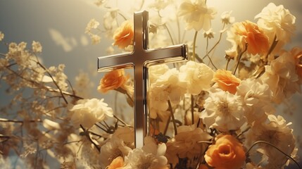 Cross on the background of a bouquet of flowers in the sunlight.
