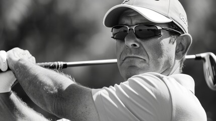 The intense focus in a golfers eyes as they prepare to strike the ball.