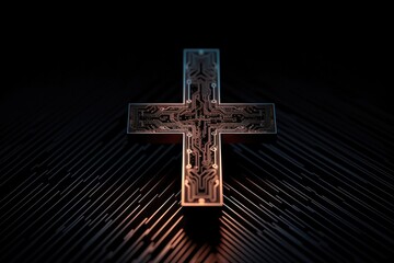 Golden modern cross of Jesus Christ on a dark background. 3D illustration.