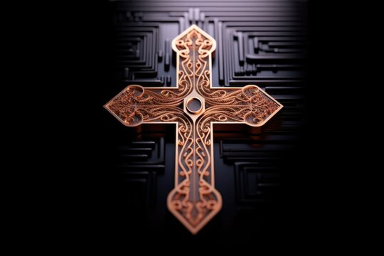 Golden cross on a black background. 3d rendering. Computer digital drawing.