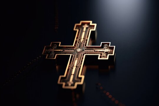Golden cross on a black background. 3d rendering. Computer digital drawing.
