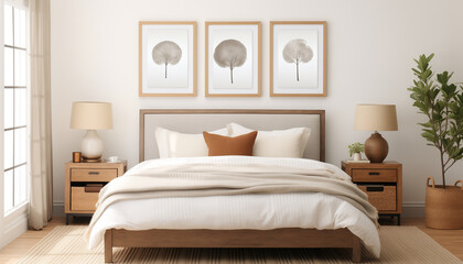 Fototapeta na wymiar Warm and inviting bedroom with a king-size bed, neutral bedding, and botanical prints.