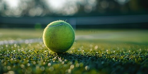 A tennis ball lying on a grass tennis court at a sunny day