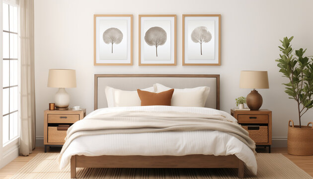 Warm and inviting bedroom with a king-size bed, neutral bedding, and botanical prints.