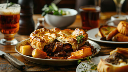 Beef and ale pie with rich gravy, Savory and satisfying, Dark background