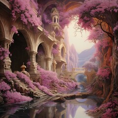 Creation of a paradisiacal world with pastel landscapes