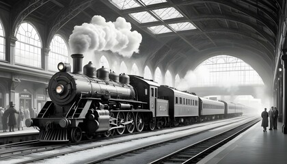 Vintage Black And White Train Station With Steam L Upscaled 2