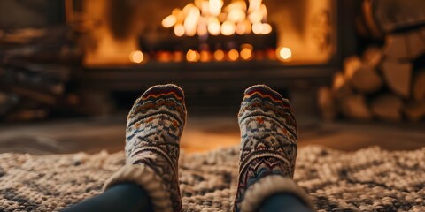 Closeup of feet in cozy woolen socks by a fireplace creating a warm and festive holiday atmosphere....