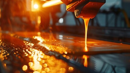 A machine pouring hot molten silicon onto a flat surface creating a smooth base for solar cells. . AI generation. - obrazy, fototapety, plakaty