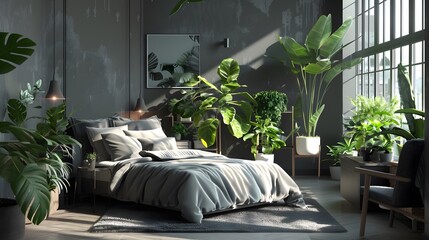Scandinavian interior design of modern bedroom with many potted houseplants. - obrazy, fototapety, plakaty