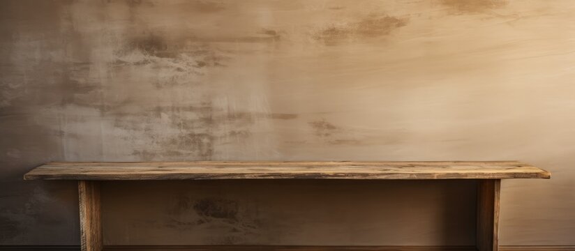 A wooden table with a wooden top is placed in a room