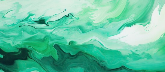 A close up of a fluid green and white marble texture resembling an electric blue landscape painting, creating a mesmerizing pattern
