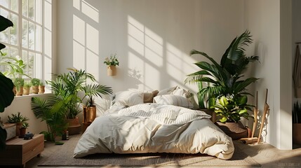 Scandinavian interior design of modern bedroom with many potted houseplants.