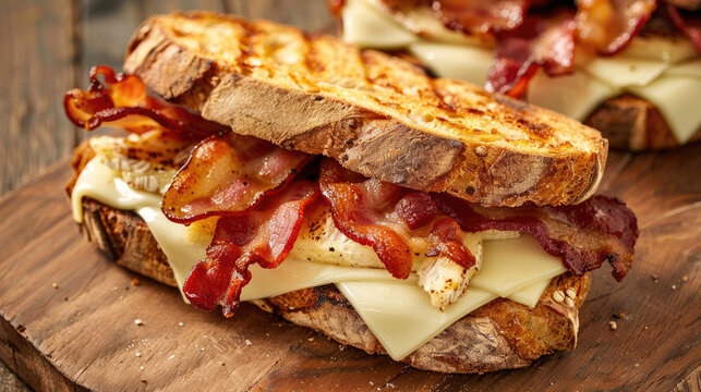 Bacon, cheese and brie sandwich on toasted sourdough bread, Savory and indulgent