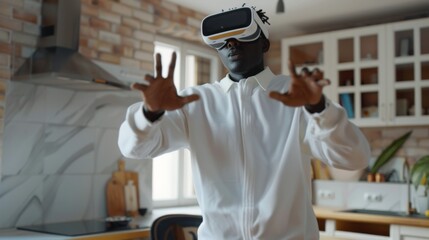 Man is using VR glasses at home