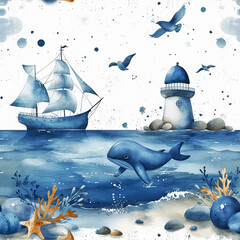 Seamless Nautical Voyage Pattern sailing