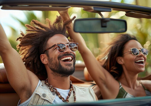 Joyful couple feeling the wind in their hair in a convertible car on a picturesque sunny day