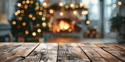 Christmas Tree and Fireplace Background with Wood Tabletop for Product Display or Text Space. Concept Christmas Products, Festive Setup, Wood Table Display, Seasonal Decor, Holiday Background