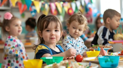 The kitchen is decorated with cheerful banners and streamers making it feel like a festive celebration. The children cant wait to share their creations with each other and