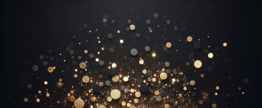 ゴールドの輝き粒子は、背景を抽象化します。ネイビー ブラックの背景にクリスマス黄金の光輝く粒子のボケ味。休日のコンセプト。抽象的な背景と金の粒子。