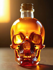 Skull Shaped Liquor Bottle with Cork Stopper Amber Colored Liquid