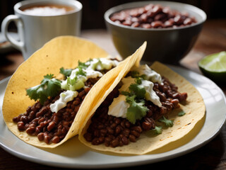Plate of  Soft Tacos with Beans Sour Cream with Bowl of Beans Cup of Coffee